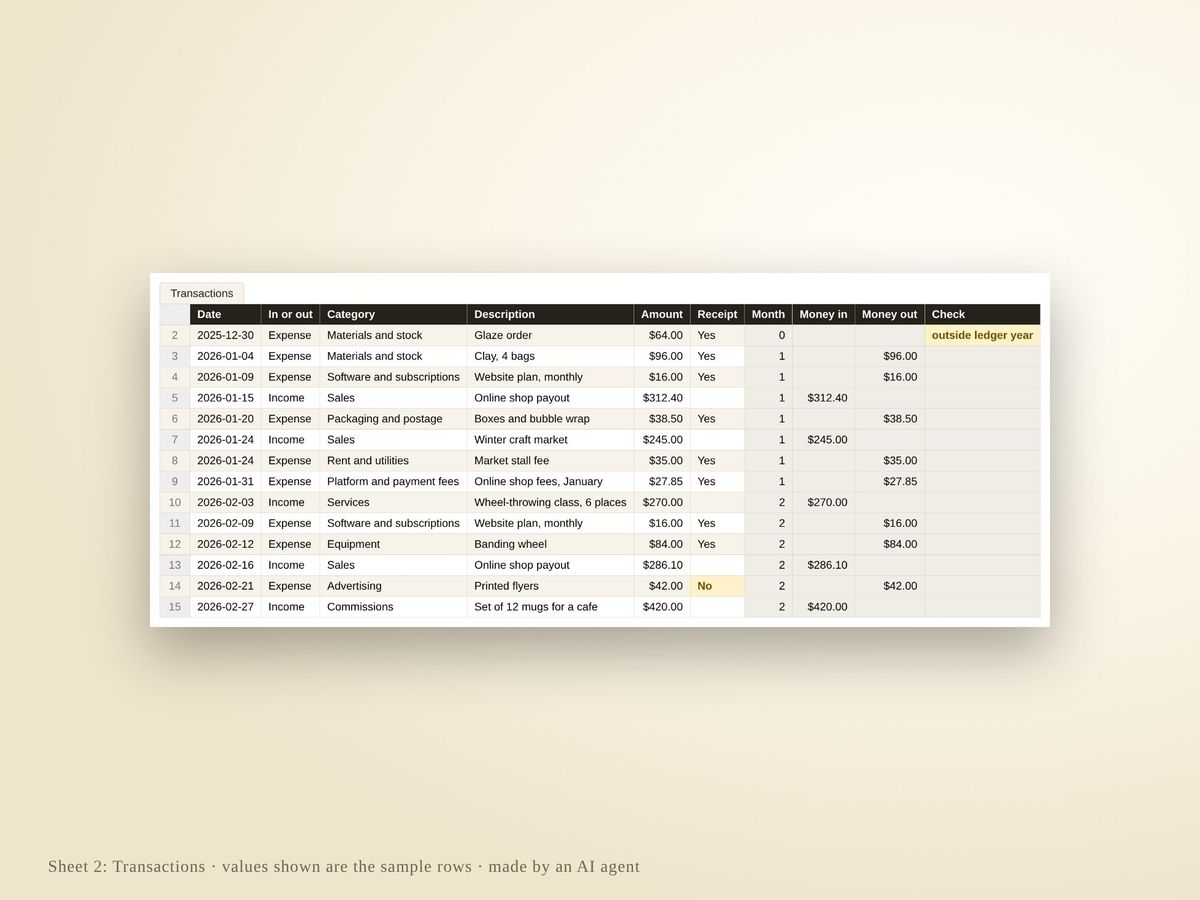 The Transactions sheet with sample rows and the check column