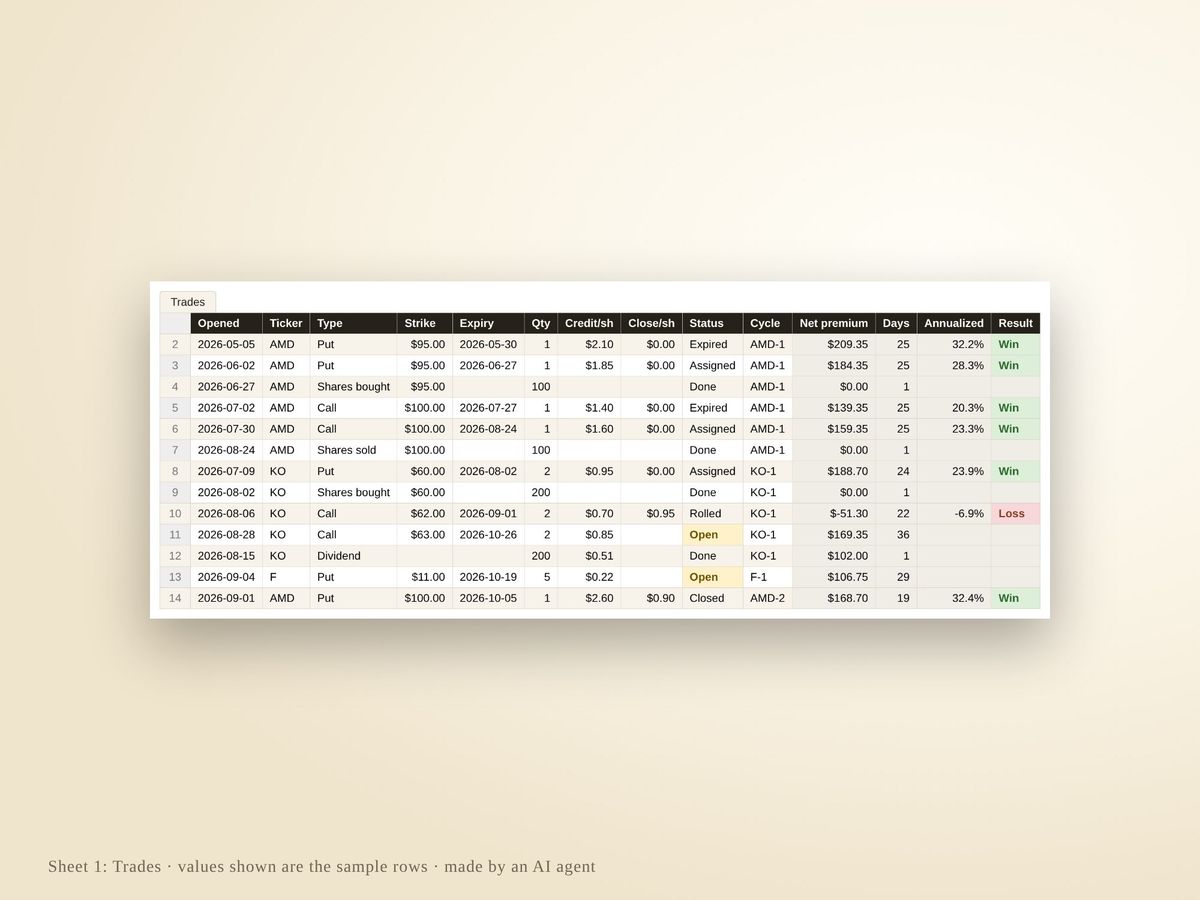 The Trades sheet with sample legs and computed columns