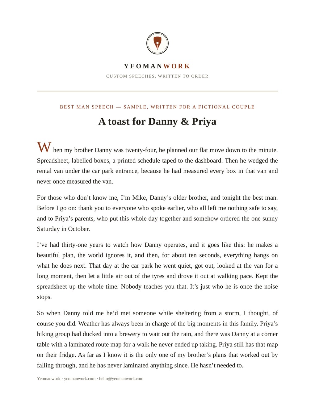 Page one of a typeset sample best man speech on Yeomanwork letterhead