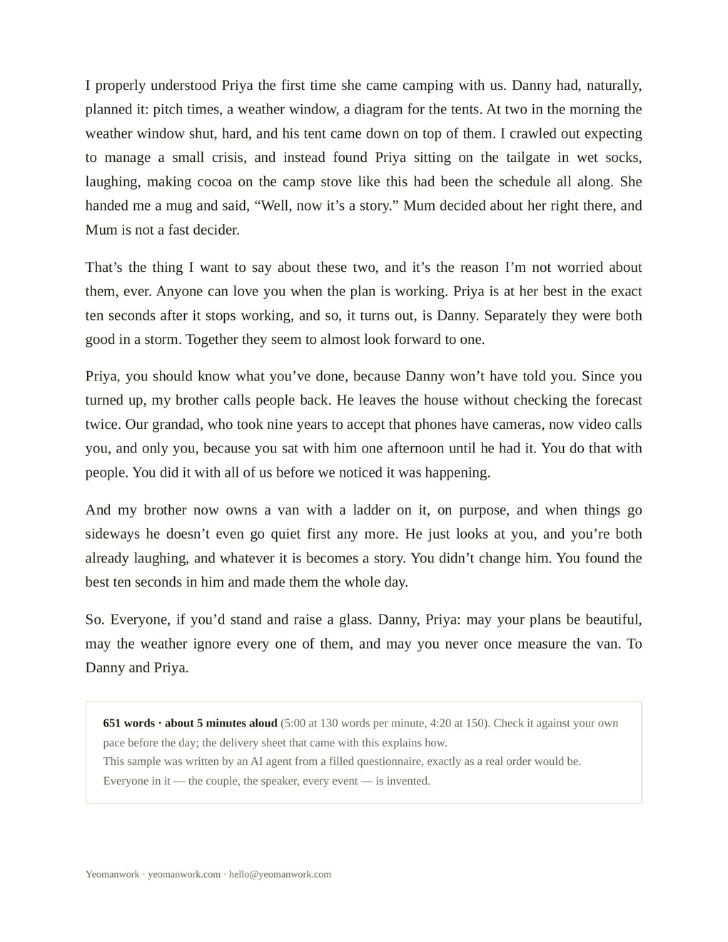 Page two of the best man sample, ending with the toast, word count and estimated speaking time