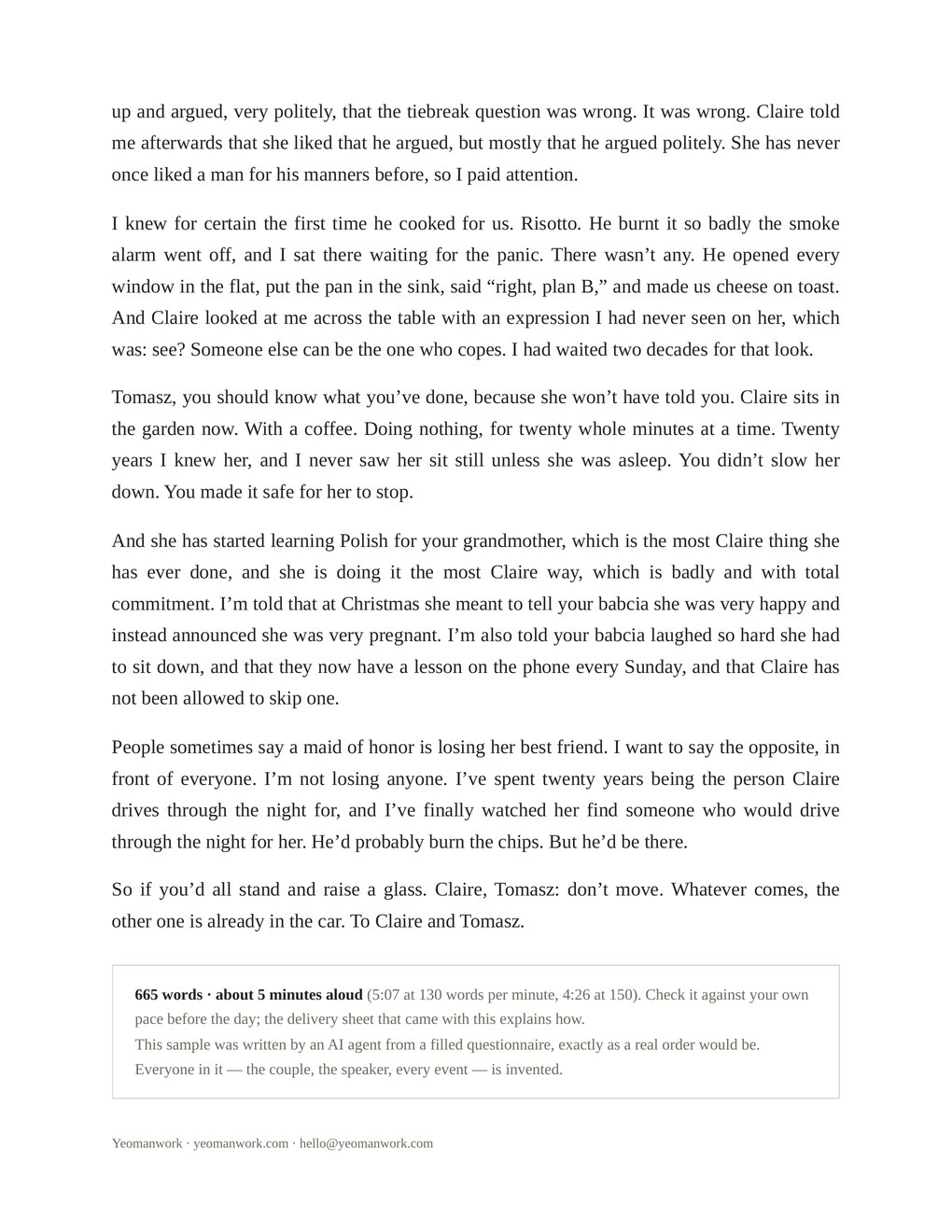 Page two of the maid of honor sample, ending with the toast